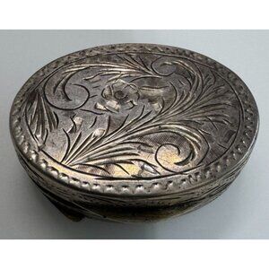 Italian Hand-Engraved Sterling Silver Oval Trinket Pill Box With Floral & Leaf
